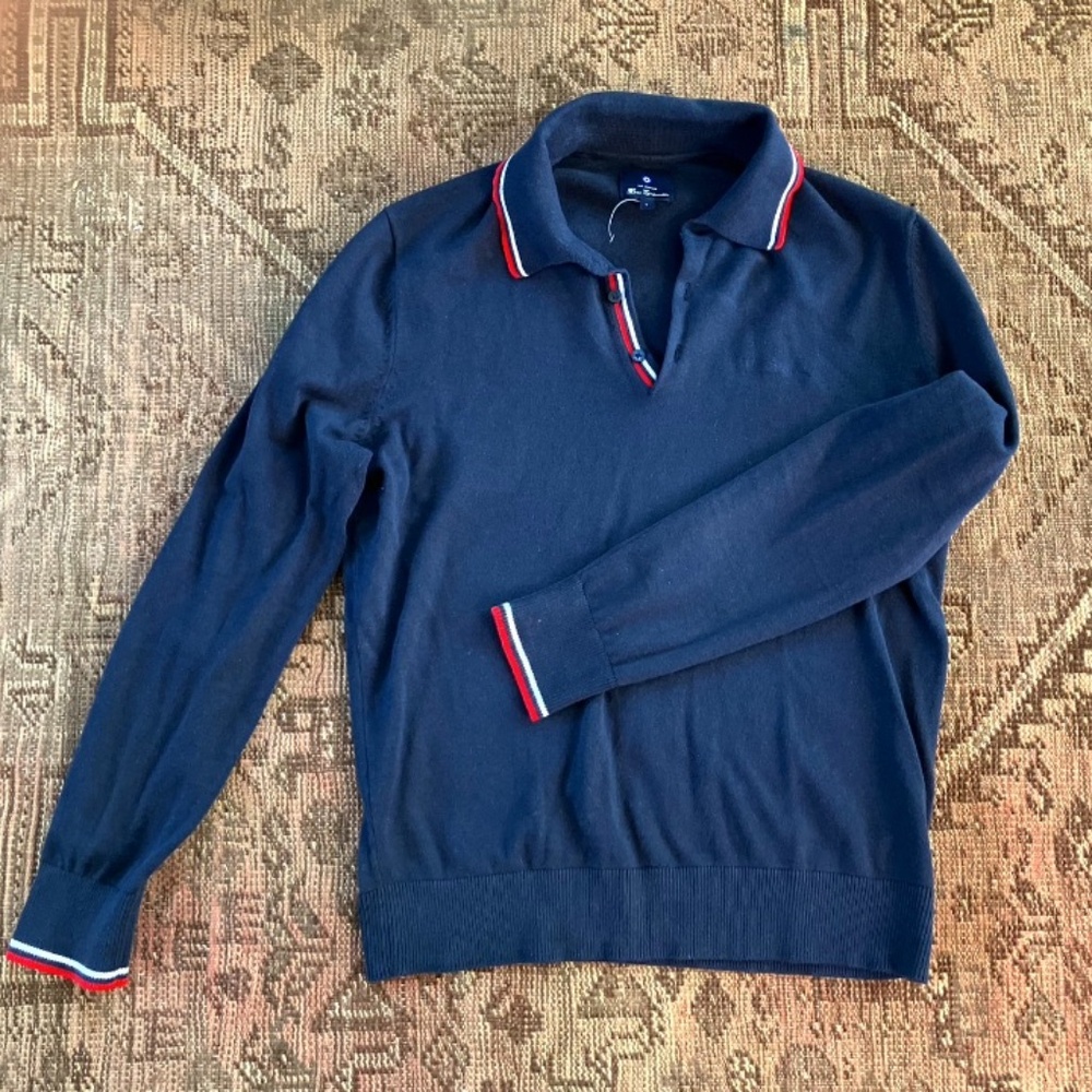 Ben Sherman Contrast Tipped Sweater Polo Long Sleeve Men's Large Navy Blue/Red